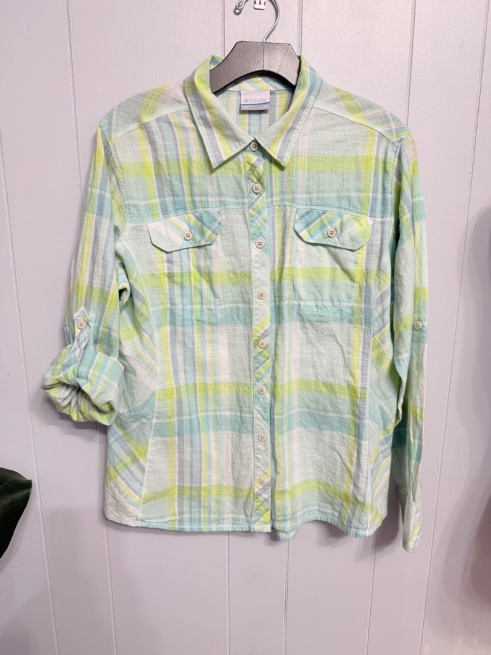 #17) Columbia Plaid Button-Down Shirt - Mint, Lime & Pale Blue